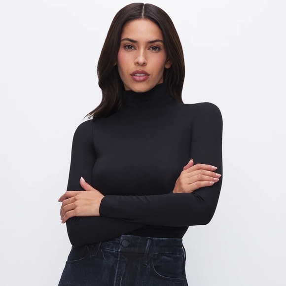 Good American Stretch Jersey Long Sleeve Ruched Turtleneck Bodysuit Black - Picture 4 of 16